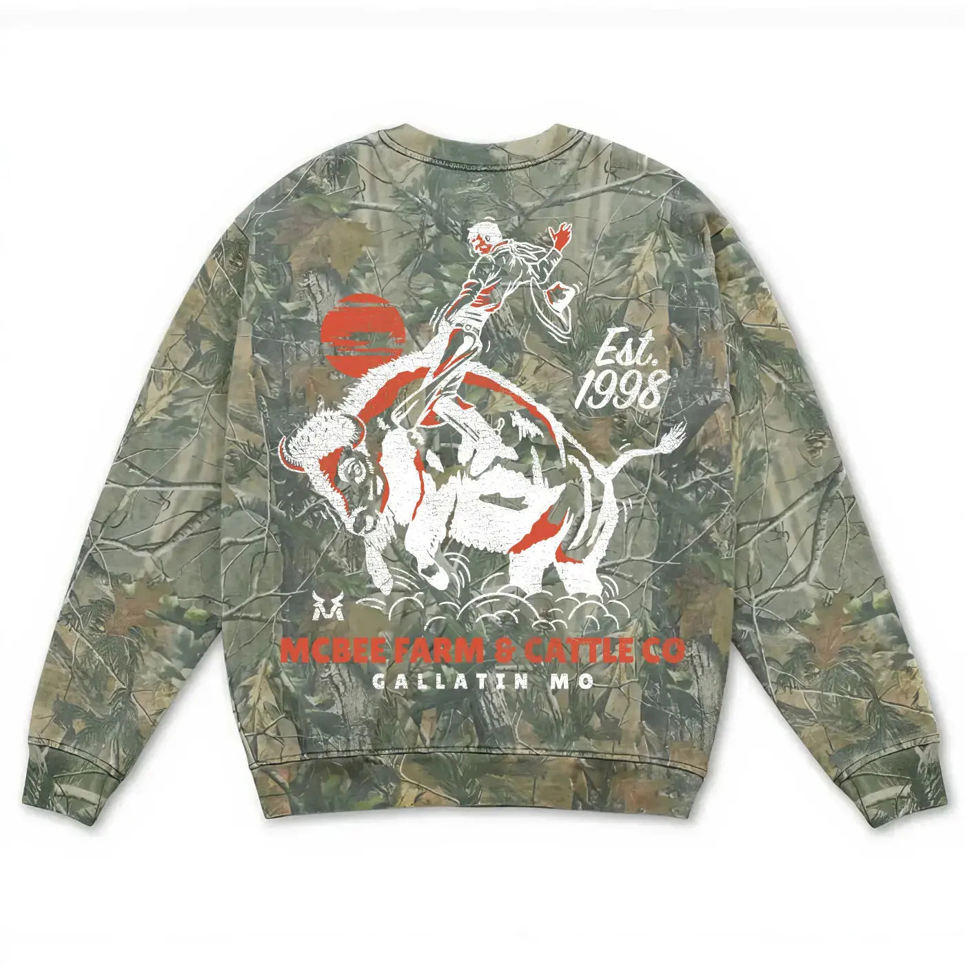 Guy on a Buffalo Crewneck McBee Farm & Cattle Co