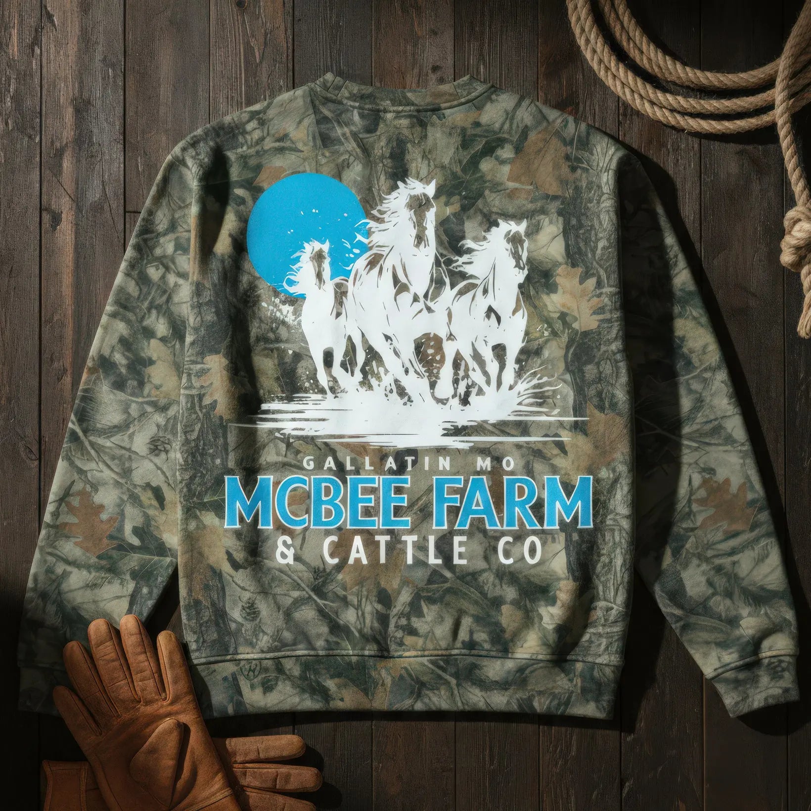 Run Free Vintage Camo Crewneck McBee Farm & Cattle Co