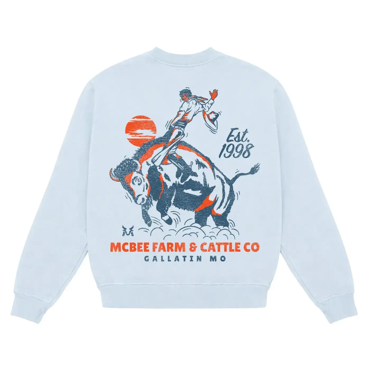 Guy on a Buffalo Crewneck McBee Farm & Cattle Co