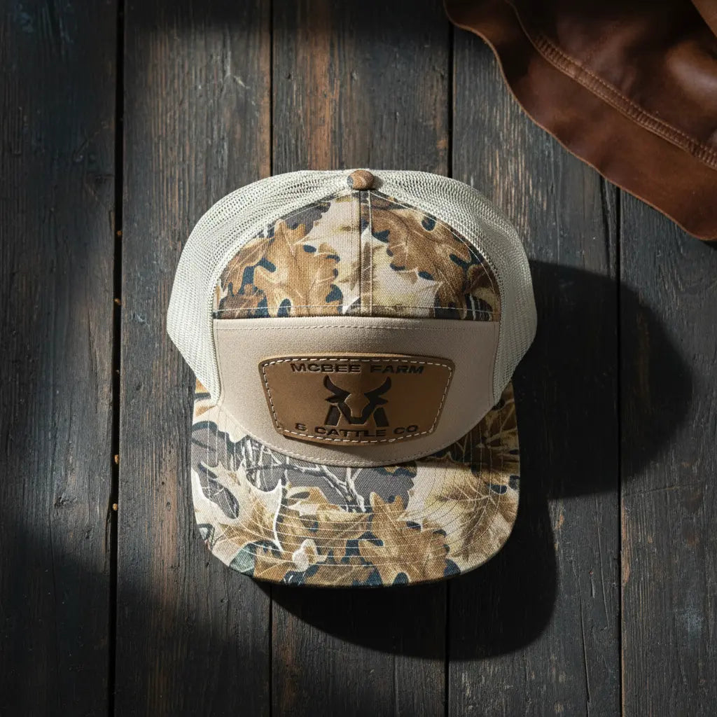 Limited Edition Retro Camo Leather Patch Hat McBee Farm & Cattle Co