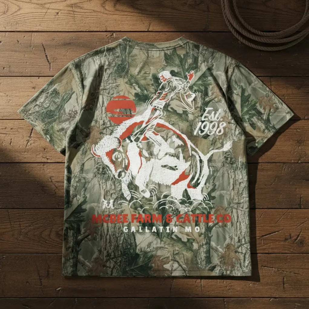 Guy on a Buffalo Camo T-Shirt McBee Farm & Cattle Co