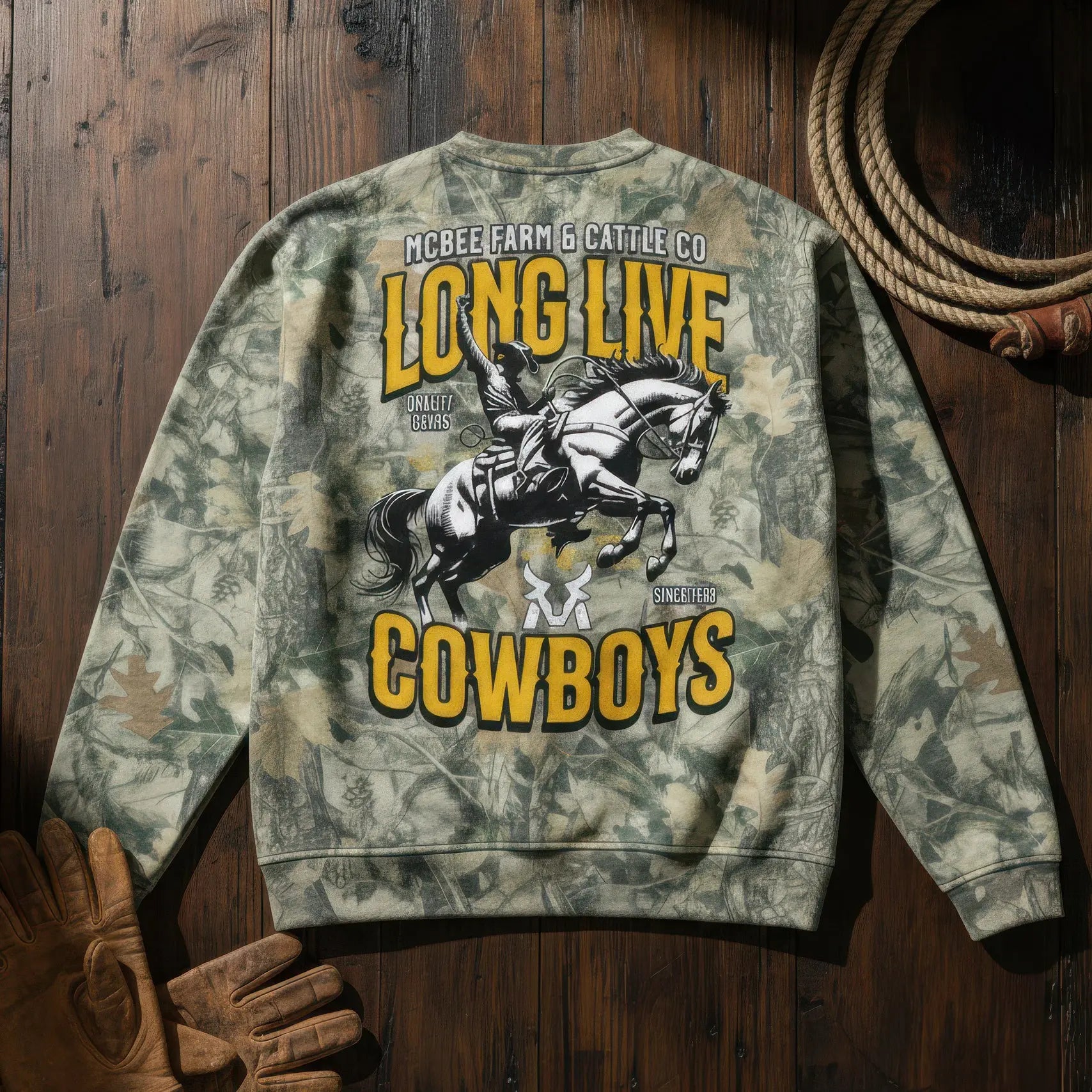 Long Live Cowboys Camo Crewneck McBee Farm & Cattle Co