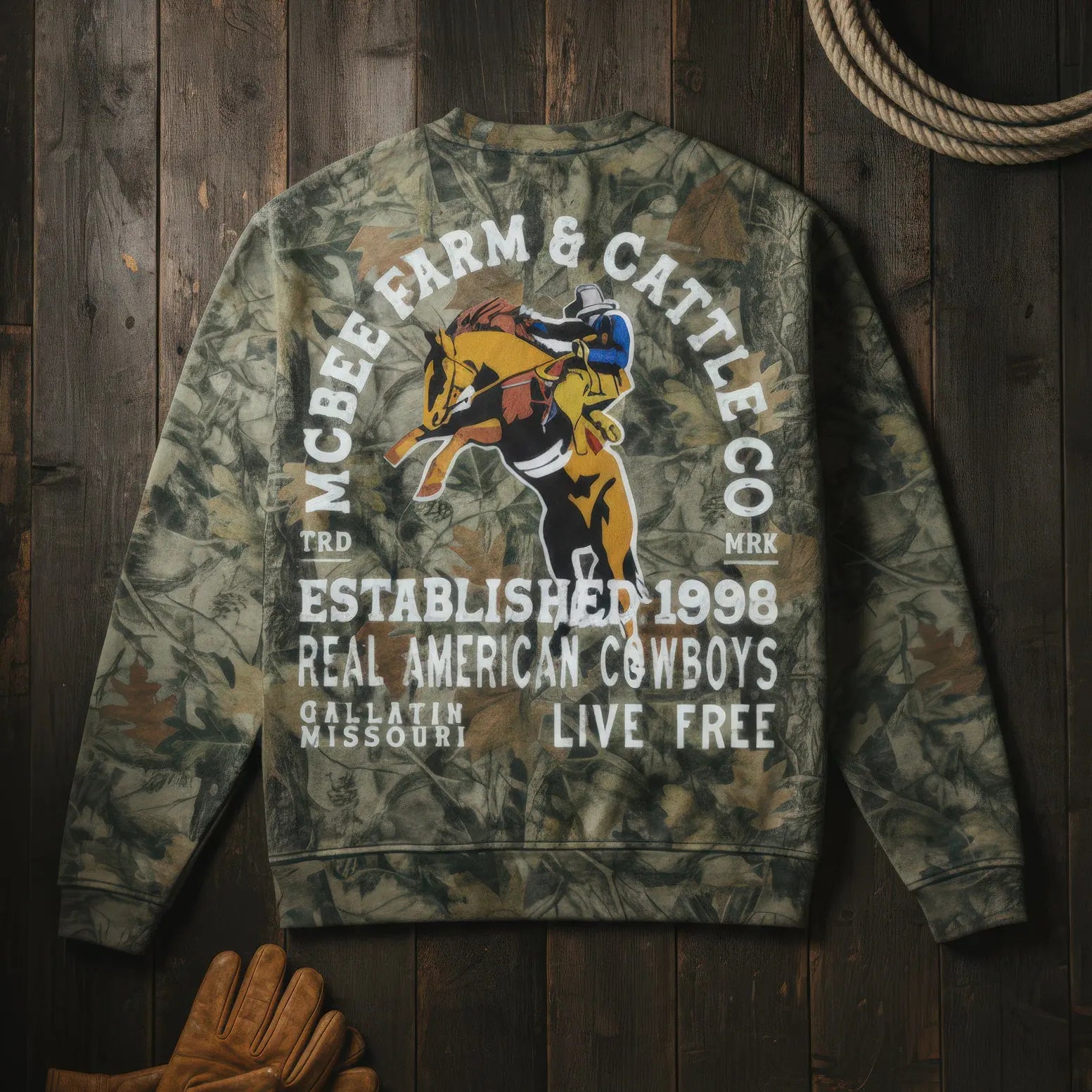 Bronco Breaker Camo Crewneck McBee Farm & Cattle Co