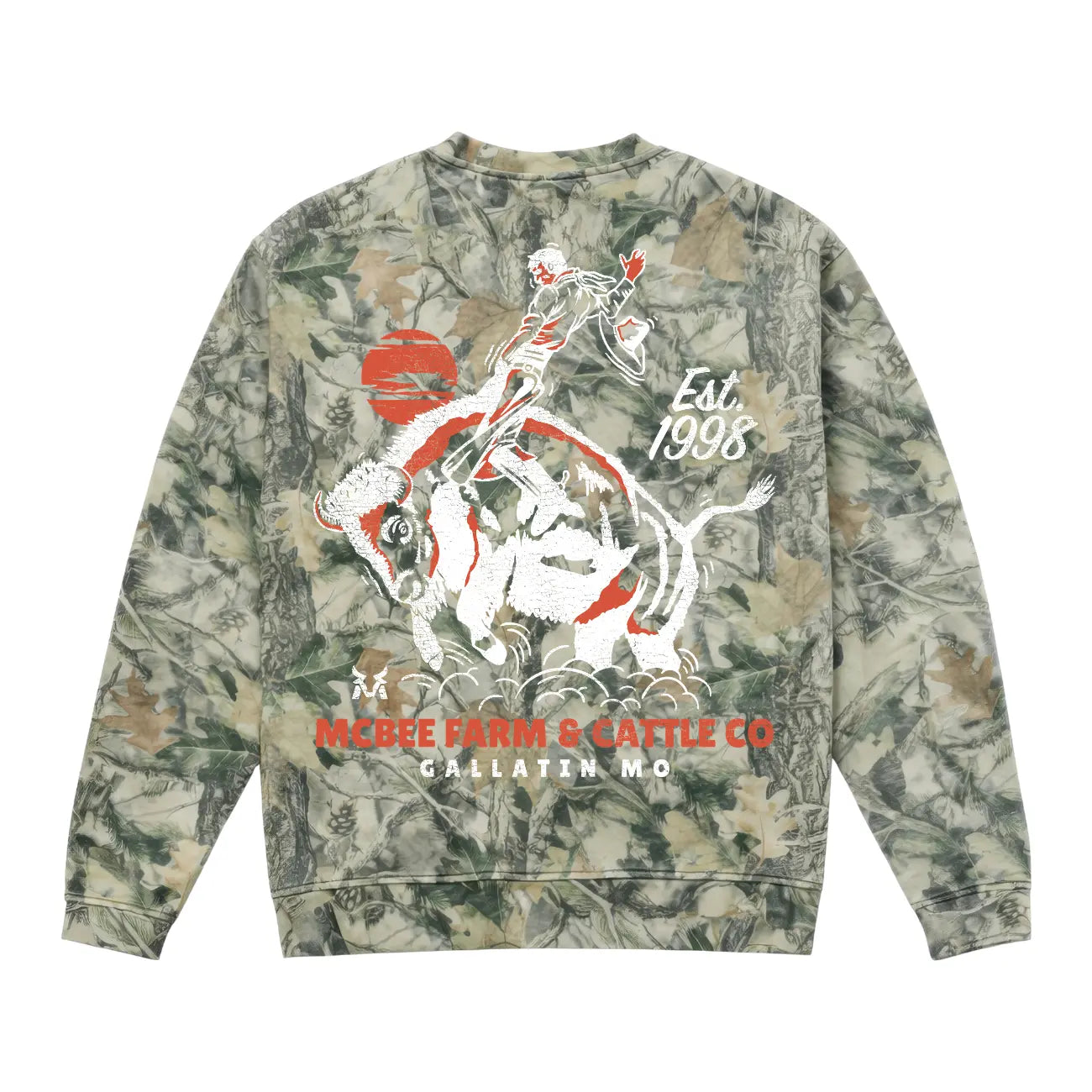 Guy on a Buffalo Crewneck McBee Farm & Cattle Co