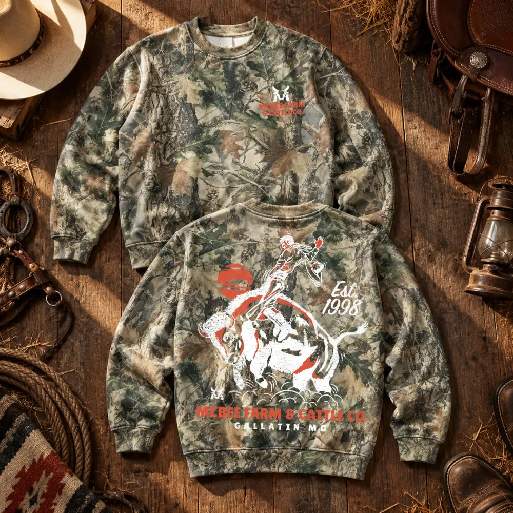 Guy on a Buffalo Camo Crewneck McBee Farm & Cattle Co