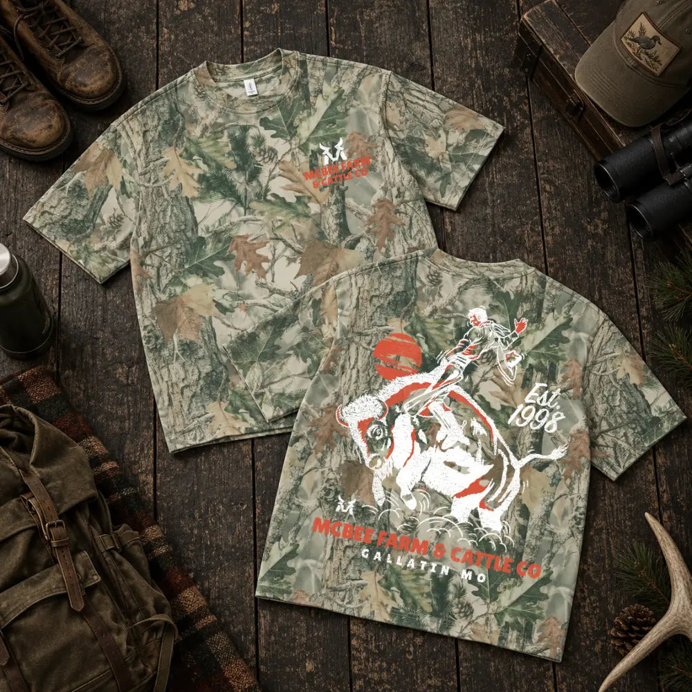 Guy on a Buffalo Camo T-Shirt McBee Farm & Cattle Co
