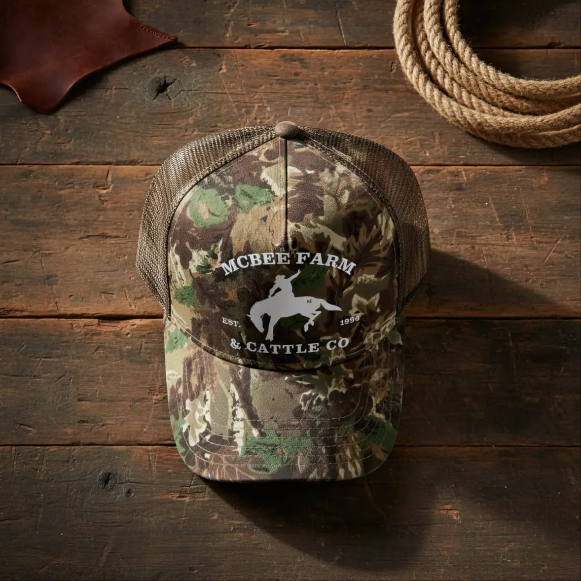The Buckin' Bronc Camo Trucker McBee Farm & Cattle Co