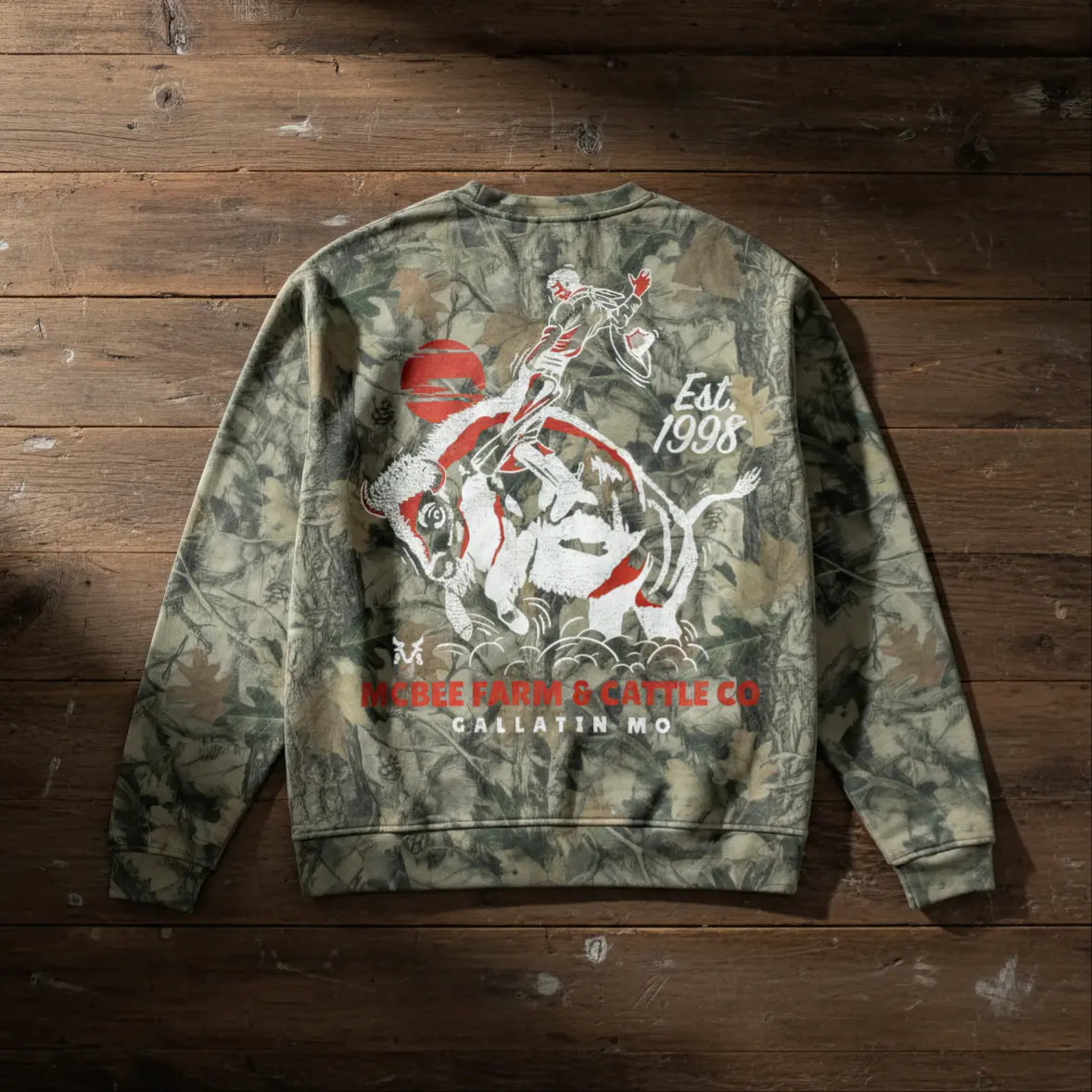 Guy on a Buffalo Camo Crewneck McBee Farm & Cattle Co