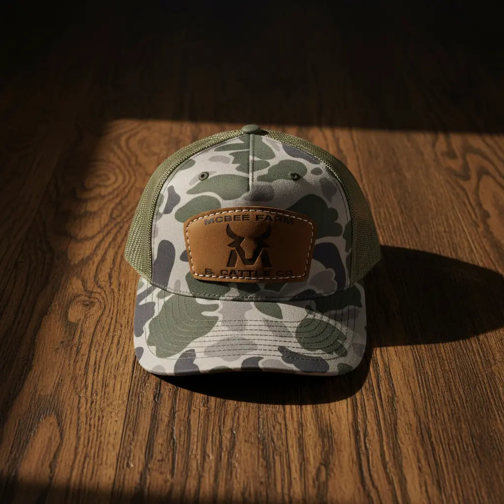McBee Farms Leather Patch Camo Trucker Hat McBee Farm & Cattle Co
